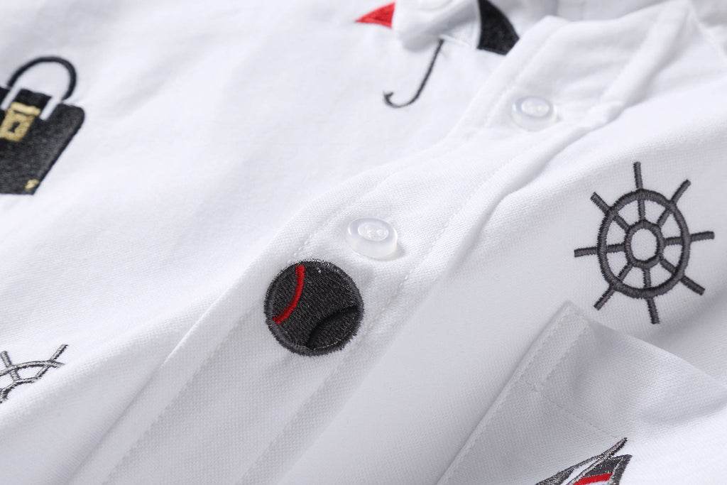 Men's Nautical Print Long-Sleeve Shirt — White & Blue | Thom Browne