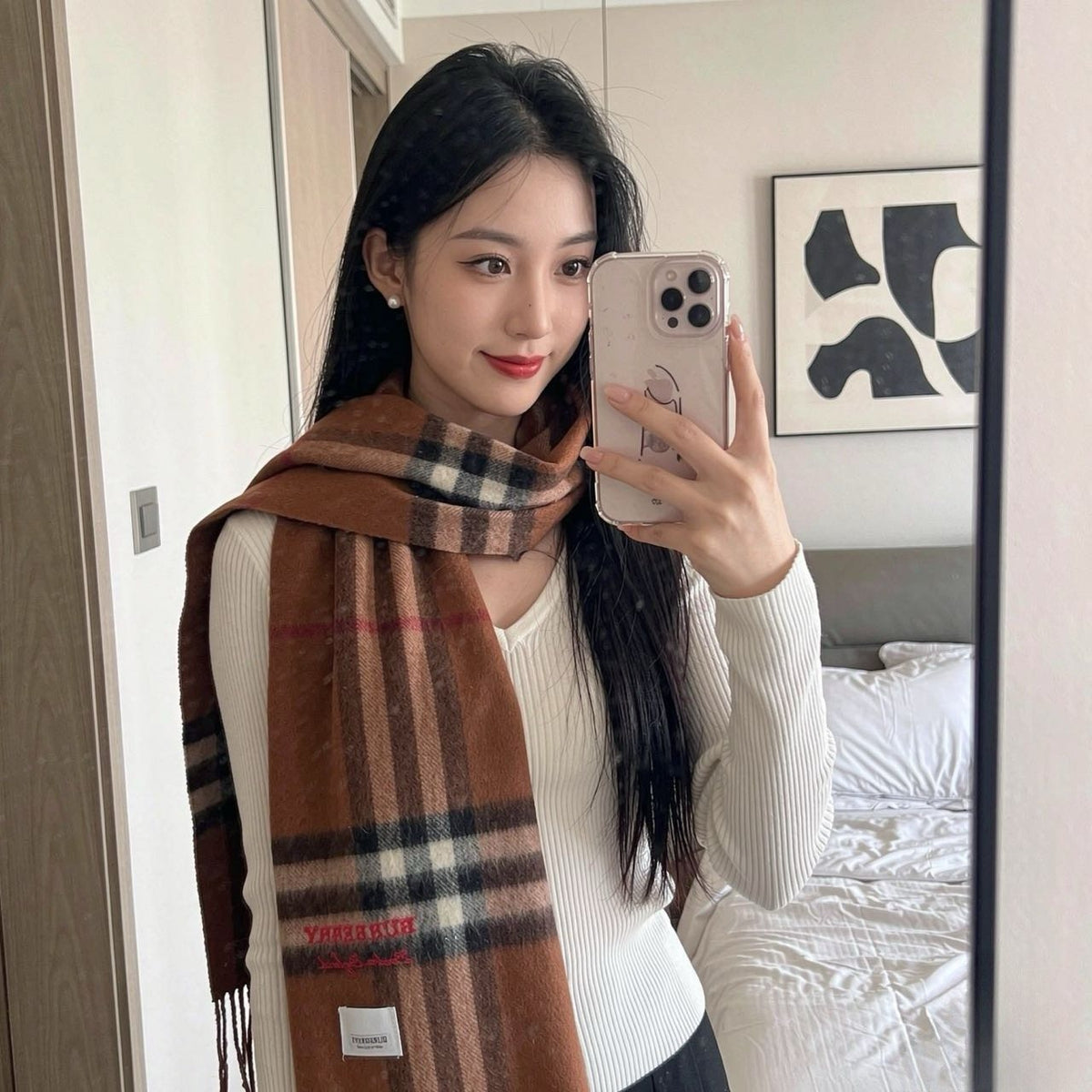 Burberry Brown Plaid Fringed Scarf