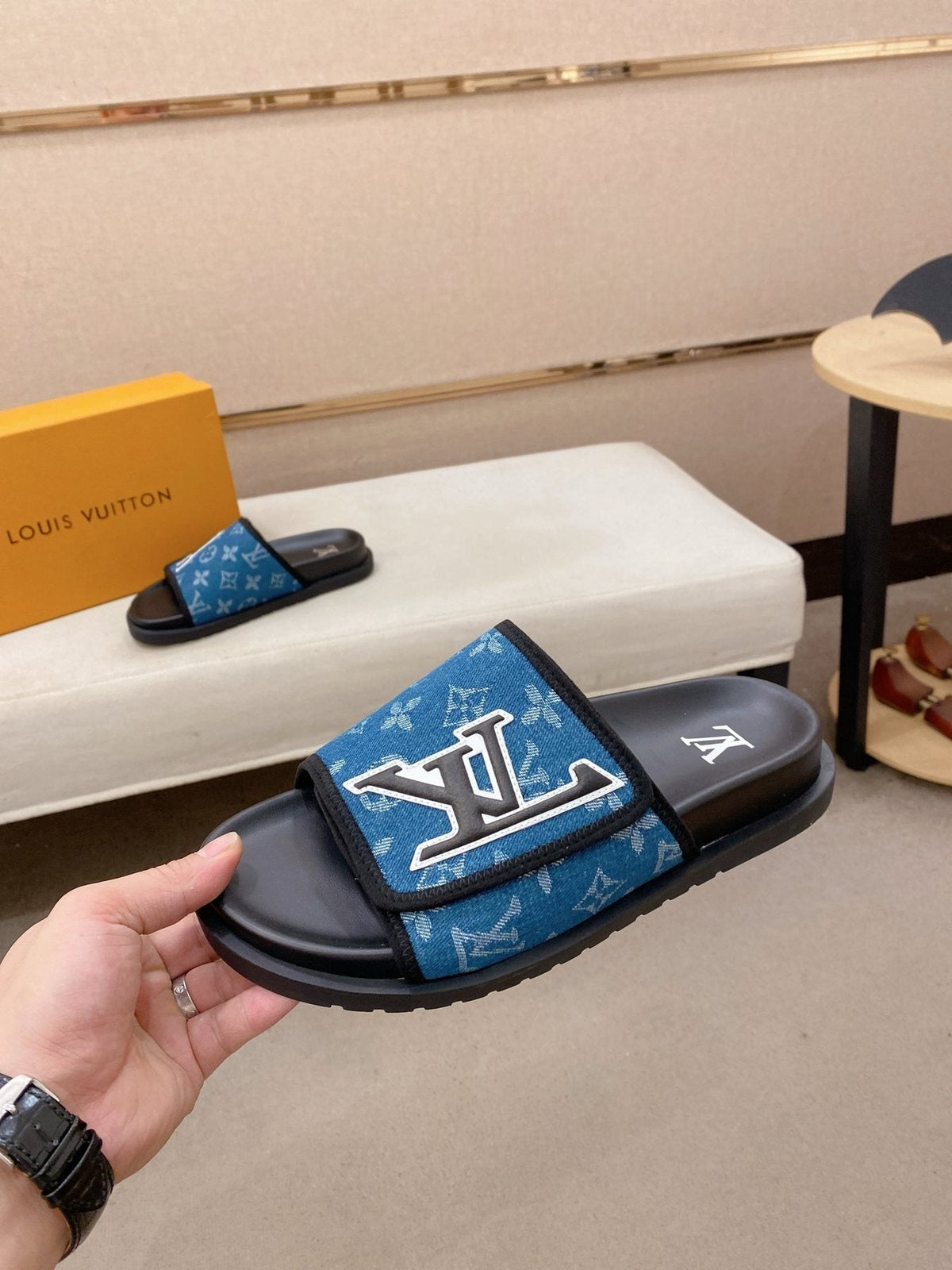 Louis Vuitton Men's Blue Patterned Slide Sandals