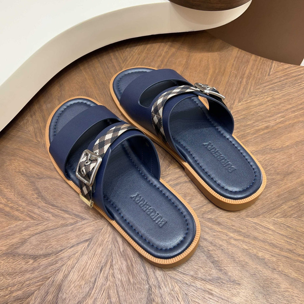 Burberry Plaid Buckle Slide Sandals - Flat Sole