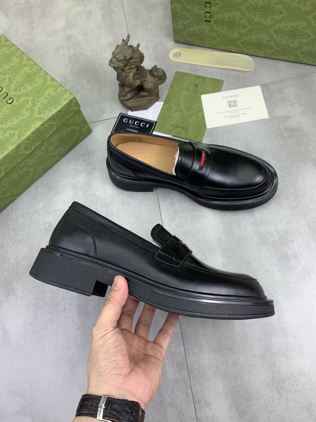 Gucci Black Loafers with Red and Green Accent
