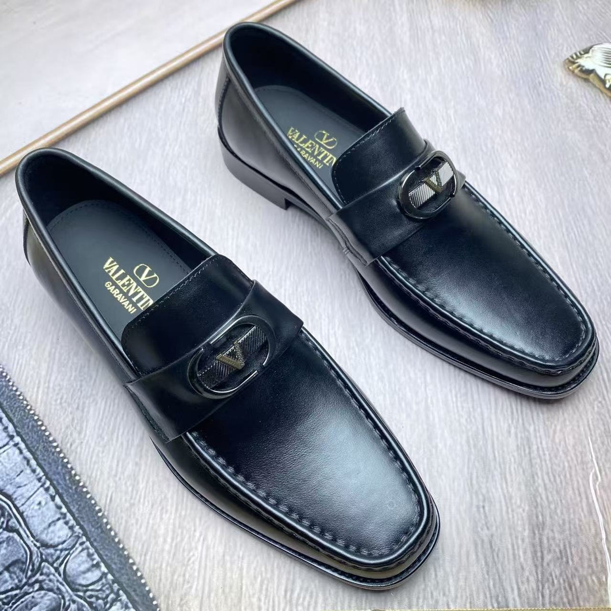 Valentino Square-Toe Loafers with Metal Detail