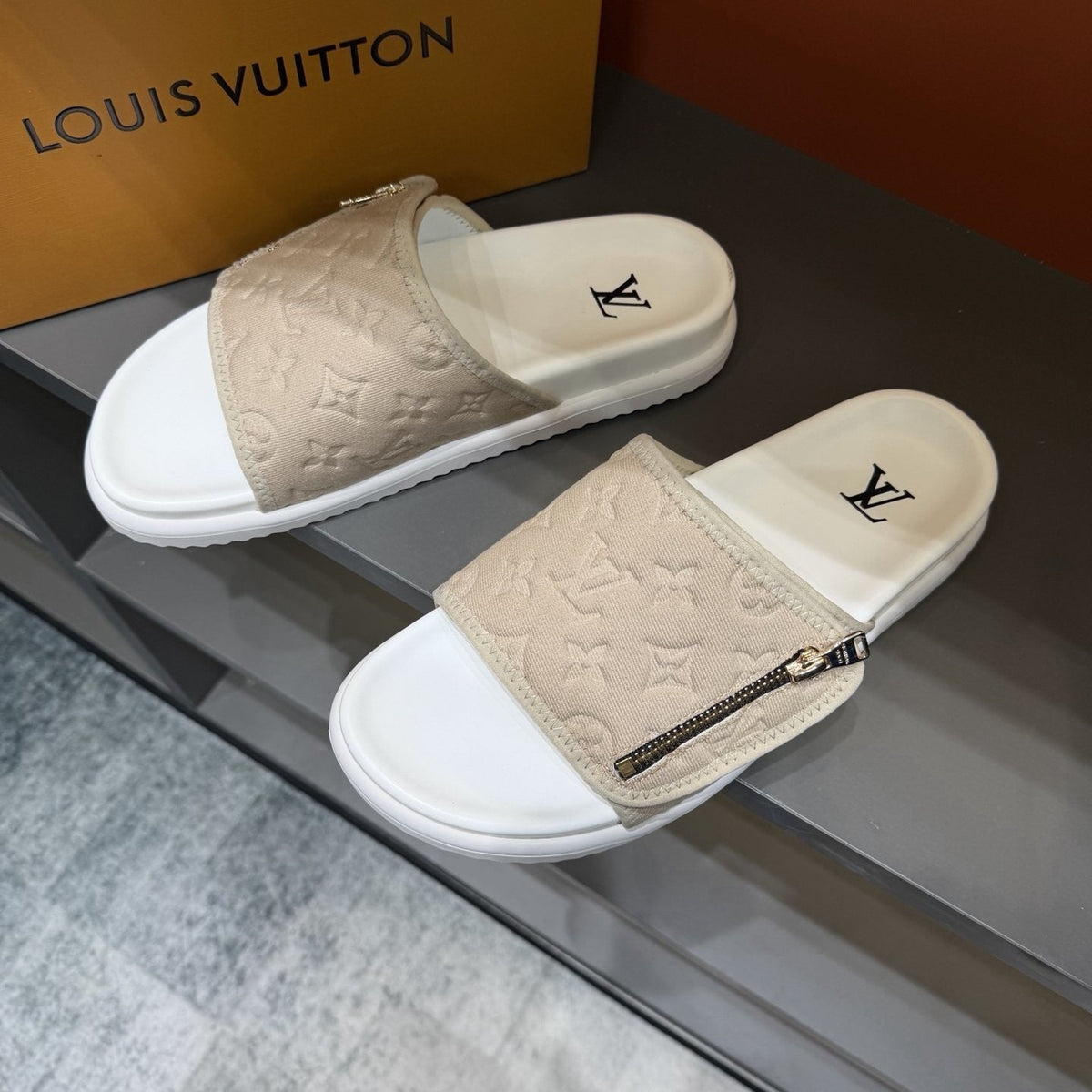 Louis Vuitton Embossed Zip Slide Sandals